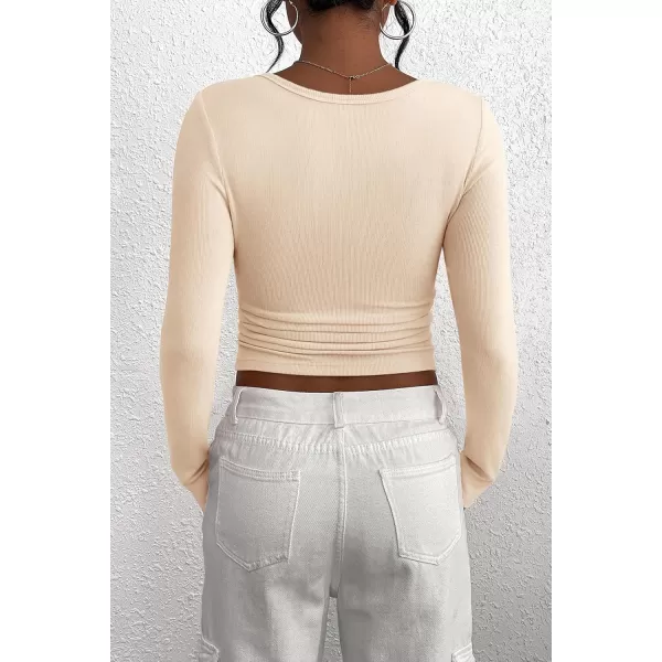 PRETTYGARDEN Womens 2024 Fall Long Sleeve Henley T Shirts Button Ribbed Knit Slim Fit Casual Basic Tops BlouseBeige