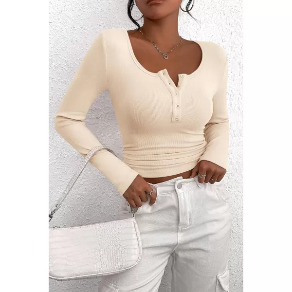 PRETTYGARDEN Womens 2024 Fall Long Sleeve Henley T Shirts Button Ribbed Knit Slim Fit Casual Basic Tops BlouseBeige