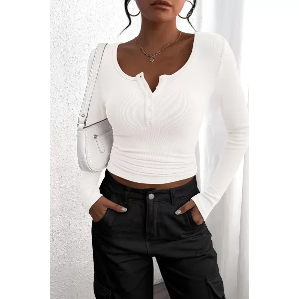 PRETTYGARDEN Womens 2024 Fall Long Sleeve Henley T Shirts Button Ribbed Knit Slim Fit Casual Basic Tops BlouseBeige White