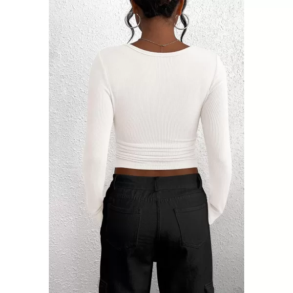 PRETTYGARDEN Womens 2024 Fall Long Sleeve Henley T Shirts Button Ribbed Knit Slim Fit Casual Basic Tops BlouseBeige White
