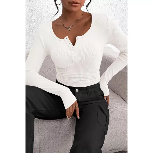 PRETTYGARDEN Womens 2024 Fall Long Sleeve Henley T Shirts Button Ribbed Knit Slim Fit Casual Basic Tops BlouseBeige White