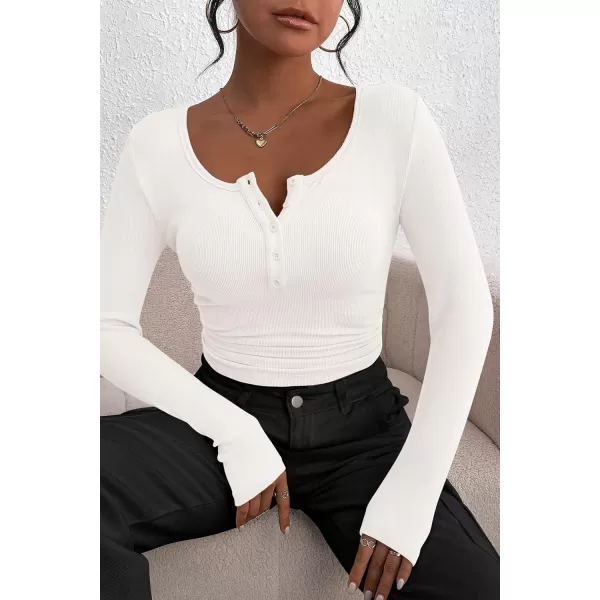 PRETTYGARDEN Womens 2024 Fall Long Sleeve Henley T Shirts Button Ribbed Knit Slim Fit Casual Basic Tops BlouseBeige White