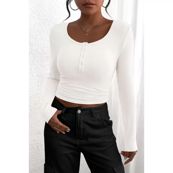 PRETTYGARDEN Womens 2024 Fall Long Sleeve Henley T Shirts Button Ribbed Knit Slim Fit Casual Basic Tops BlouseBeige White