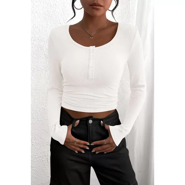 PRETTYGARDEN Womens 2024 Fall Long Sleeve Henley T Shirts Button Ribbed Knit Slim Fit Casual Basic Tops BlouseBeige White