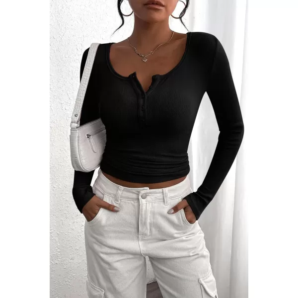 PRETTYGARDEN Womens 2024 Fall Long Sleeve Henley T Shirts Button Ribbed Knit Slim Fit Casual Basic Tops BlouseBlack