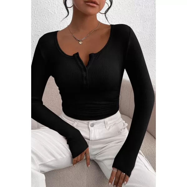 PRETTYGARDEN Womens 2024 Fall Long Sleeve Henley T Shirts Button Ribbed Knit Slim Fit Casual Basic Tops BlouseBlack