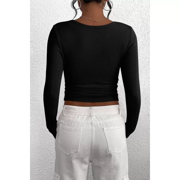 PRETTYGARDEN Womens 2024 Fall Long Sleeve Henley T Shirts Button Ribbed Knit Slim Fit Casual Basic Tops BlouseBlack