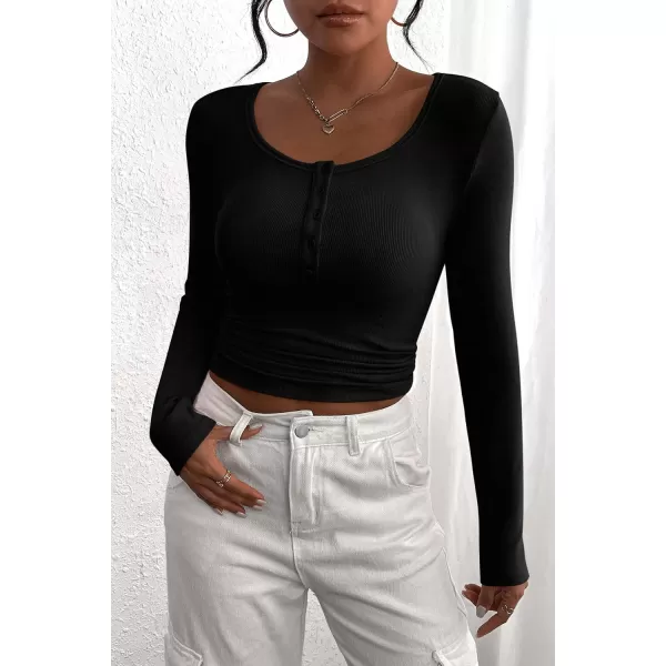 PRETTYGARDEN Womens 2024 Fall Long Sleeve Henley T Shirts Button Ribbed Knit Slim Fit Casual Basic Tops BlouseBlack