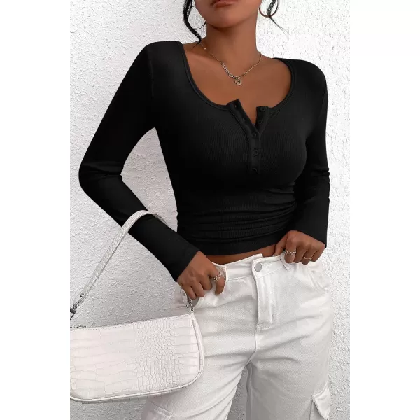 PRETTYGARDEN Womens 2024 Fall Long Sleeve Henley T Shirts Button Ribbed Knit Slim Fit Casual Basic Tops BlouseBlack