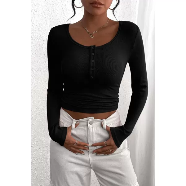 PRETTYGARDEN Womens 2024 Fall Long Sleeve Henley T Shirts Button Ribbed Knit Slim Fit Casual Basic Tops BlouseBlack