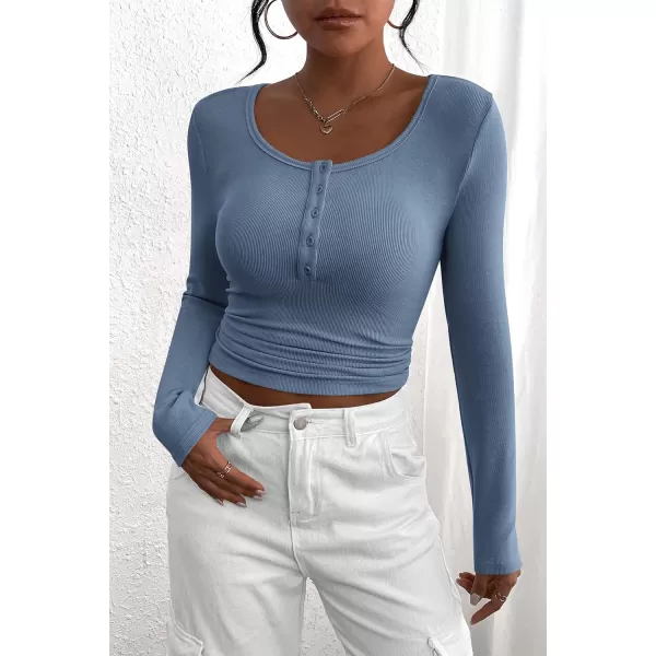PRETTYGARDEN Womens 2024 Fall Long Sleeve Henley T Shirts Button Ribbed Knit Slim Fit Casual Basic Tops BlouseBlue Grey