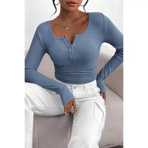PRETTYGARDEN Womens 2024 Fall Long Sleeve Henley T Shirts Button Ribbed Knit Slim Fit Casual Basic Tops BlouseBlue Grey
