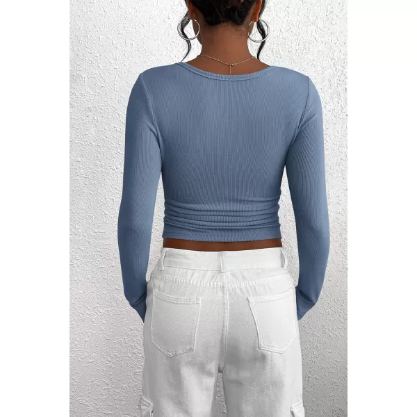 PRETTYGARDEN Womens 2024 Fall Long Sleeve Henley T Shirts Button Ribbed Knit Slim Fit Casual Basic Tops BlouseBlue Grey