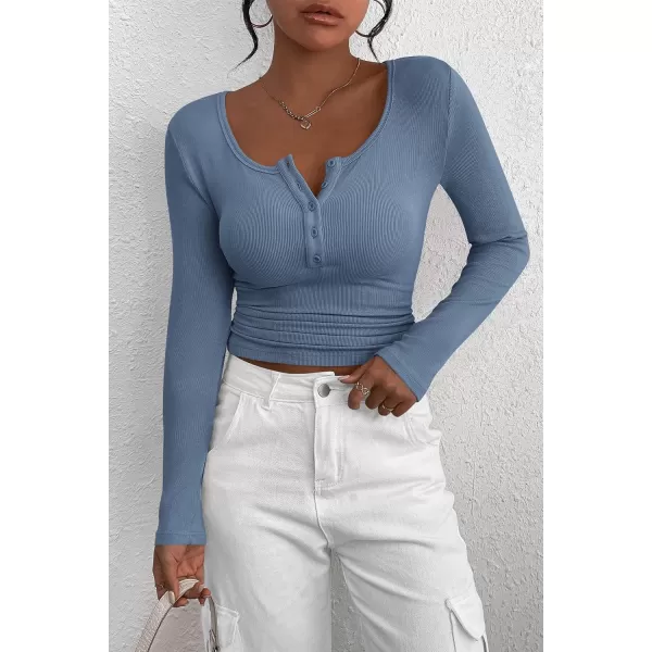 PRETTYGARDEN Womens 2024 Fall Long Sleeve Henley T Shirts Button Ribbed Knit Slim Fit Casual Basic Tops BlouseBlue Grey