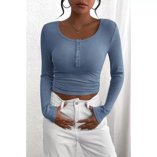 PRETTYGARDEN Womens 2024 Fall Long Sleeve Henley T Shirts Button Ribbed Knit Slim Fit Casual Basic Tops BlouseBlue Grey