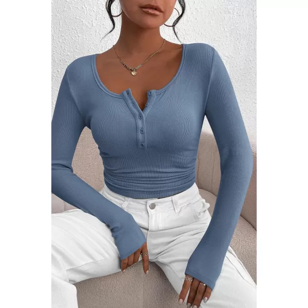 PRETTYGARDEN Womens 2024 Fall Long Sleeve Henley T Shirts Button Ribbed Knit Slim Fit Casual Basic Tops BlouseBlue Grey