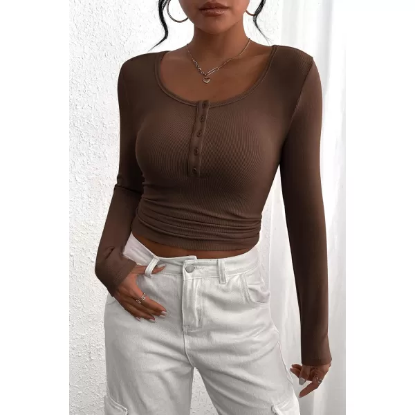PRETTYGARDEN Womens 2024 Fall Long Sleeve Henley T Shirts Button Ribbed Knit Slim Fit Casual Basic Tops BlouseCoffee