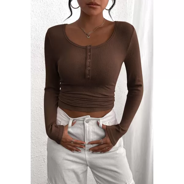 PRETTYGARDEN Womens 2024 Fall Long Sleeve Henley T Shirts Button Ribbed Knit Slim Fit Casual Basic Tops BlouseCoffee