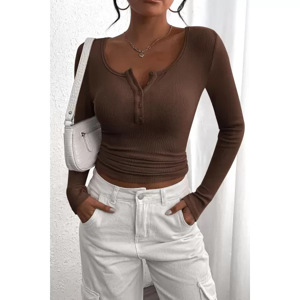PRETTYGARDEN Womens 2024 Fall Long Sleeve Henley T Shirts Button Ribbed Knit Slim Fit Casual Basic Tops BlouseCoffee