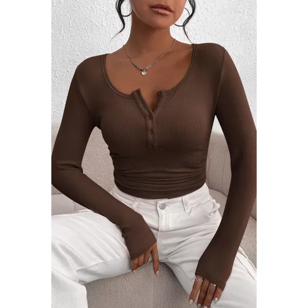 PRETTYGARDEN Womens 2024 Fall Long Sleeve Henley T Shirts Button Ribbed Knit Slim Fit Casual Basic Tops BlouseCoffee