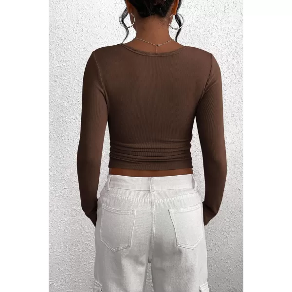 PRETTYGARDEN Womens 2024 Fall Long Sleeve Henley T Shirts Button Ribbed Knit Slim Fit Casual Basic Tops BlouseCoffee