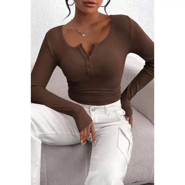 PRETTYGARDEN Womens 2024 Fall Long Sleeve Henley T Shirts Button Ribbed Knit Slim Fit Casual Basic Tops BlouseCoffee