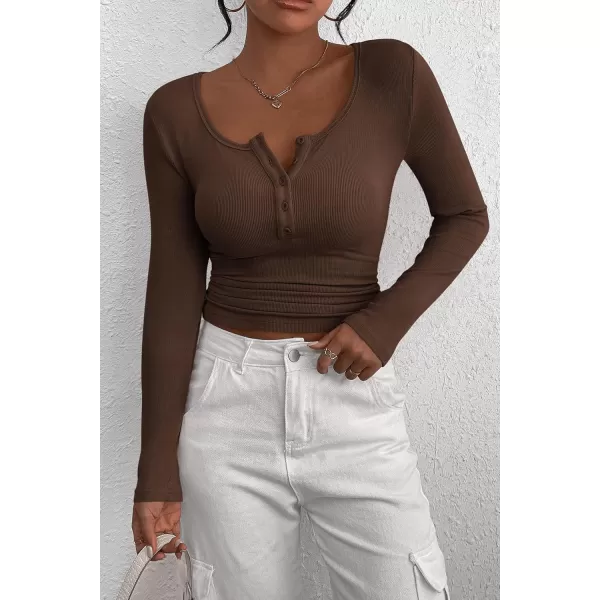 PRETTYGARDEN Womens 2024 Fall Long Sleeve Henley T Shirts Button Ribbed Knit Slim Fit Casual Basic Tops BlouseCoffee