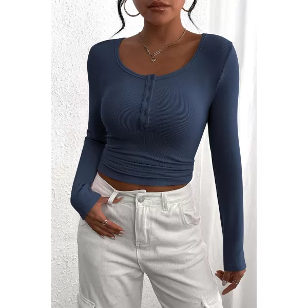 PRETTYGARDEN Womens 2024 Fall Long Sleeve Henley T Shirts Button Ribbed Knit Slim Fit Casual Basic Tops BlouseDark Blue