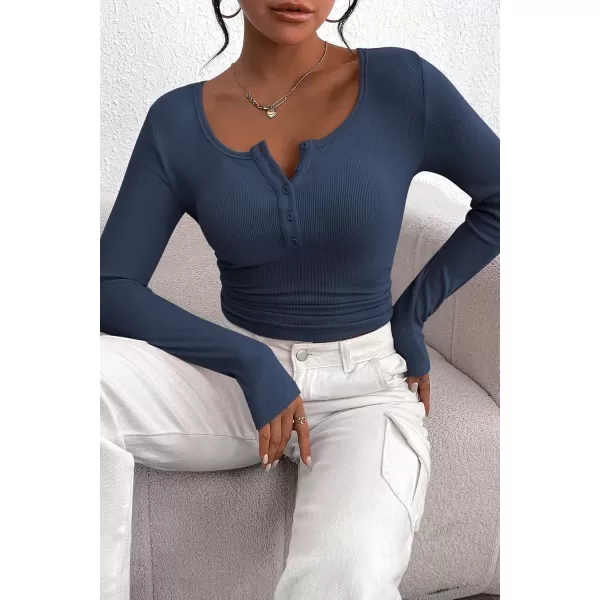 PRETTYGARDEN Womens 2024 Fall Long Sleeve Henley T Shirts Button Ribbed Knit Slim Fit Casual Basic Tops BlouseDark Blue