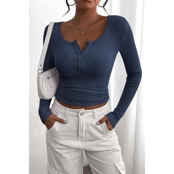 PRETTYGARDEN Womens 2024 Fall Long Sleeve Henley T Shirts Button Ribbed Knit Slim Fit Casual Basic Tops BlouseDark Blue