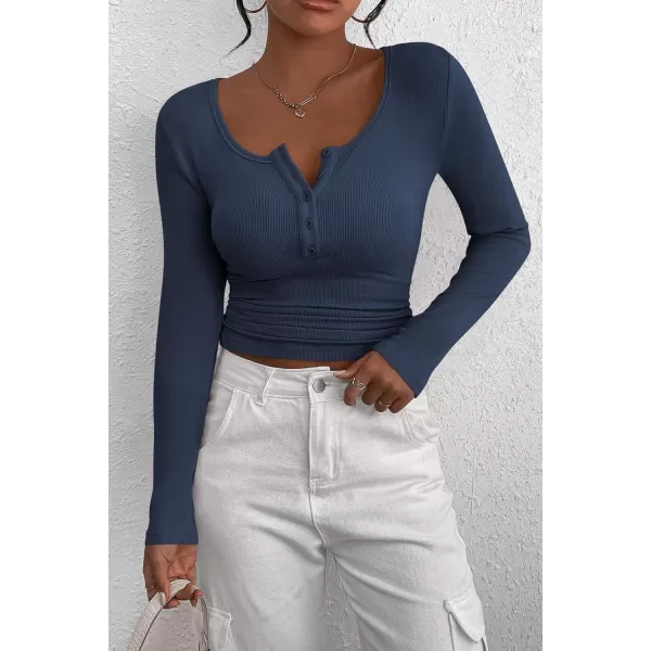 PRETTYGARDEN Womens 2024 Fall Long Sleeve Henley T Shirts Button Ribbed Knit Slim Fit Casual Basic Tops BlouseDark Blue