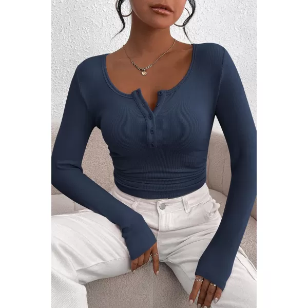 PRETTYGARDEN Womens 2024 Fall Long Sleeve Henley T Shirts Button Ribbed Knit Slim Fit Casual Basic Tops BlouseDark Blue
