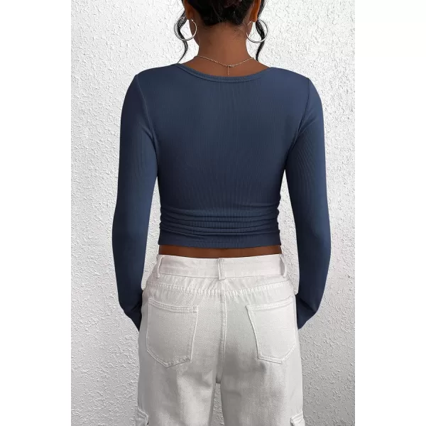 PRETTYGARDEN Womens 2024 Fall Long Sleeve Henley T Shirts Button Ribbed Knit Slim Fit Casual Basic Tops BlouseDark Blue