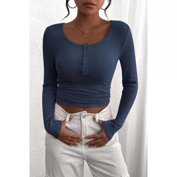 PRETTYGARDEN Womens 2024 Fall Long Sleeve Henley T Shirts Button Ribbed Knit Slim Fit Casual Basic Tops BlouseDark Blue