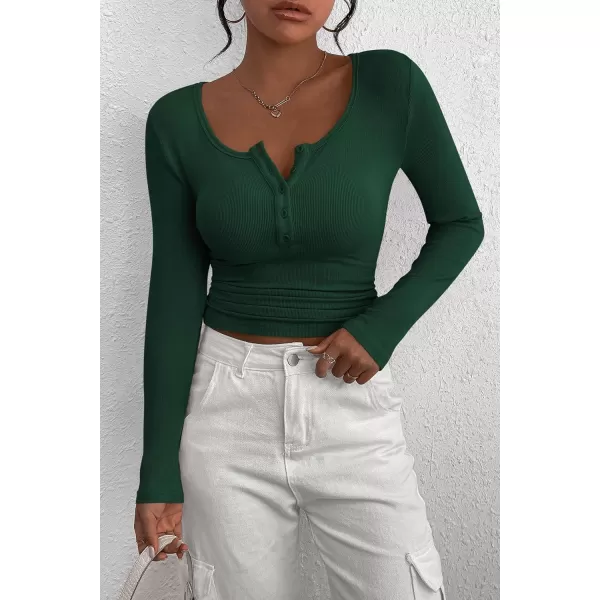 PRETTYGARDEN Womens 2024 Fall Long Sleeve Henley T Shirts Button Ribbed Knit Slim Fit Casual Basic Tops BlouseDark Green