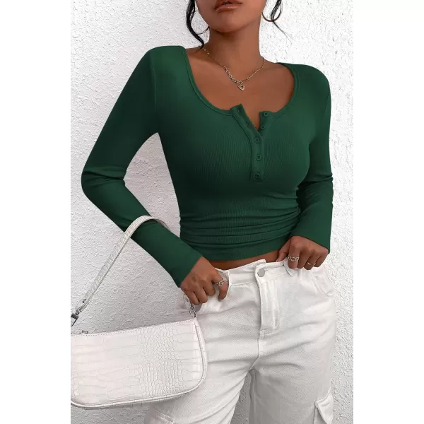 PRETTYGARDEN Womens 2024 Fall Long Sleeve Henley T Shirts Button Ribbed Knit Slim Fit Casual Basic Tops BlouseDark Green