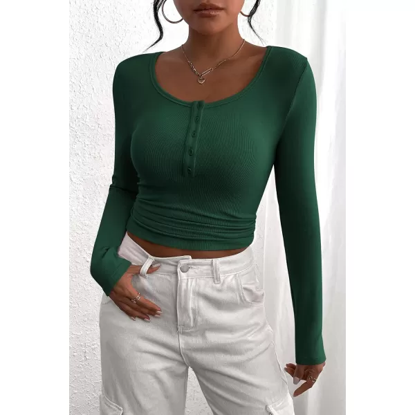 PRETTYGARDEN Womens 2024 Fall Long Sleeve Henley T Shirts Button Ribbed Knit Slim Fit Casual Basic Tops BlouseDark Green