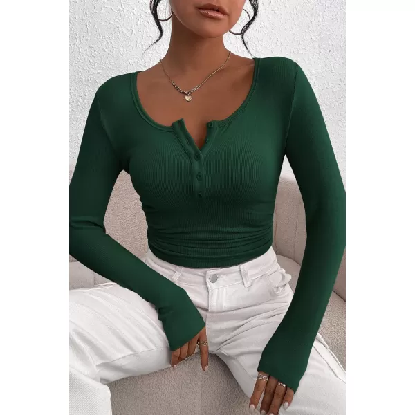 PRETTYGARDEN Womens 2024 Fall Long Sleeve Henley T Shirts Button Ribbed Knit Slim Fit Casual Basic Tops BlouseDark Green