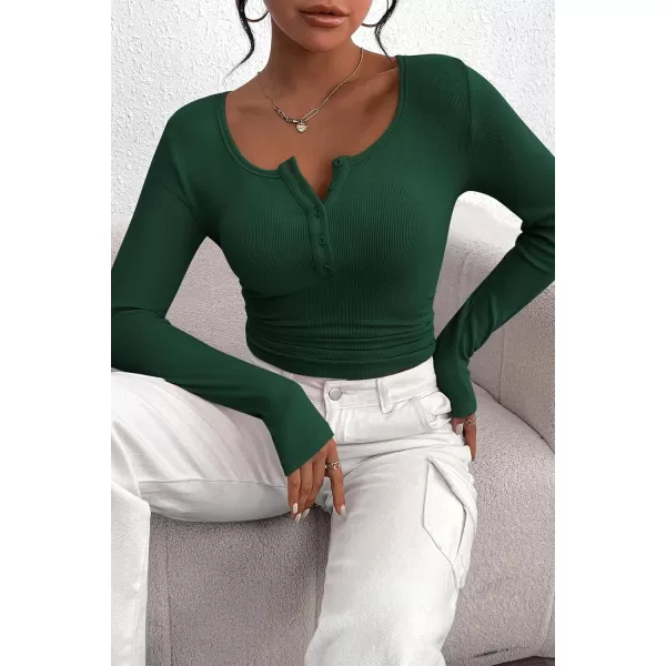 PRETTYGARDEN Womens 2024 Fall Long Sleeve Henley T Shirts Button Ribbed Knit Slim Fit Casual Basic Tops BlouseDark Green