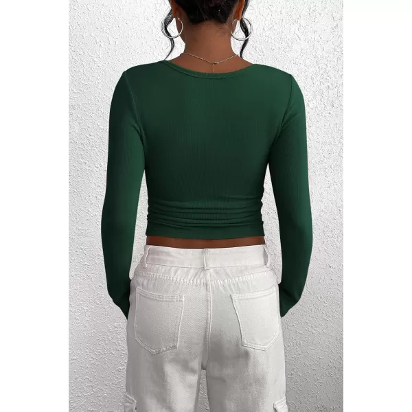 PRETTYGARDEN Womens 2024 Fall Long Sleeve Henley T Shirts Button Ribbed Knit Slim Fit Casual Basic Tops BlouseDark Green