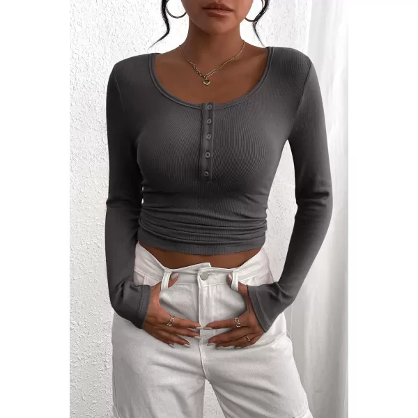 PRETTYGARDEN Womens 2024 Fall Long Sleeve Henley T Shirts Button Ribbed Knit Slim Fit Casual Basic Tops BlouseDark Grey