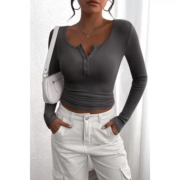 PRETTYGARDEN Womens 2024 Fall Long Sleeve Henley T Shirts Button Ribbed Knit Slim Fit Casual Basic Tops BlouseDark Grey