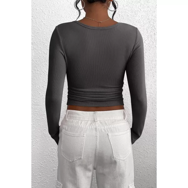 PRETTYGARDEN Womens 2024 Fall Long Sleeve Henley T Shirts Button Ribbed Knit Slim Fit Casual Basic Tops BlouseDark Grey