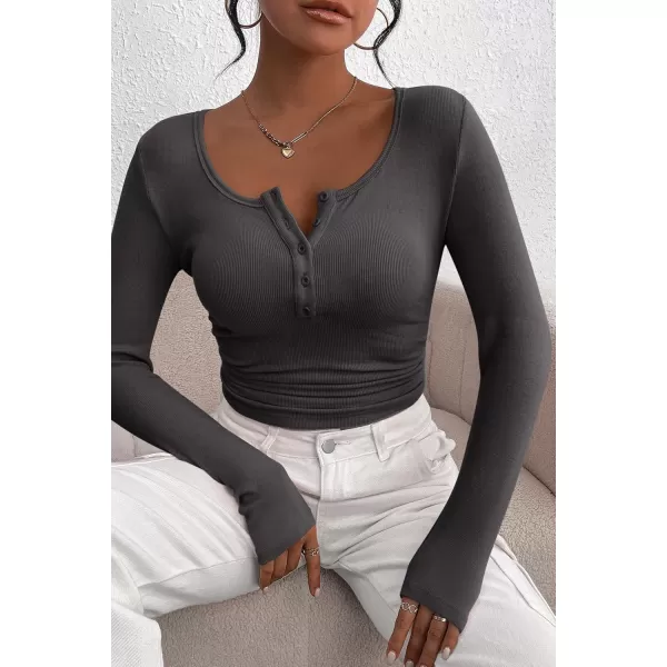 PRETTYGARDEN Womens 2024 Fall Long Sleeve Henley T Shirts Button Ribbed Knit Slim Fit Casual Basic Tops BlouseDark Grey
