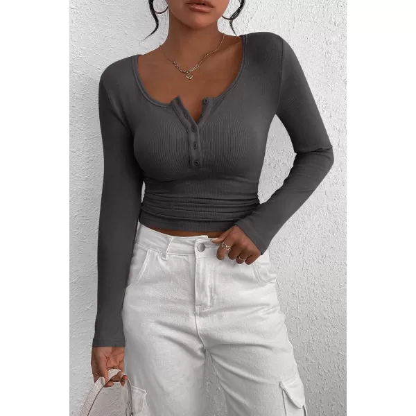 PRETTYGARDEN Womens 2024 Fall Long Sleeve Henley T Shirts Button Ribbed Knit Slim Fit Casual Basic Tops BlouseDark Grey