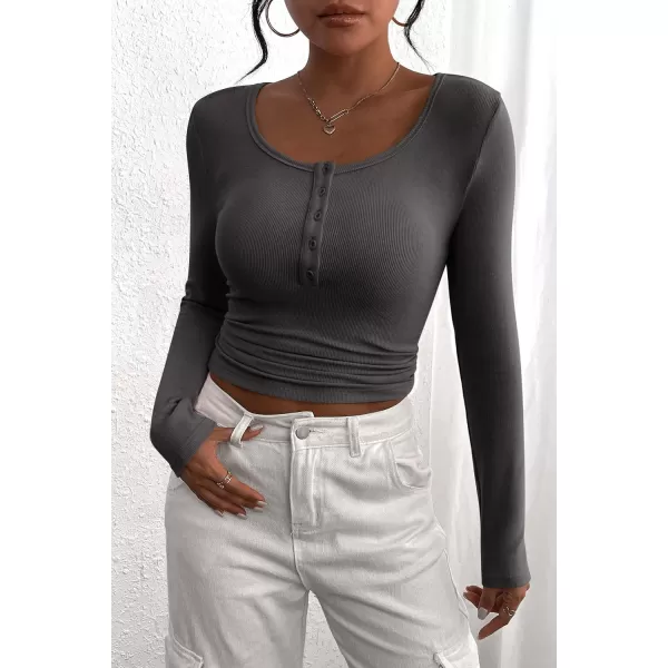 PRETTYGARDEN Womens 2024 Fall Long Sleeve Henley T Shirts Button Ribbed Knit Slim Fit Casual Basic Tops BlouseDark Grey