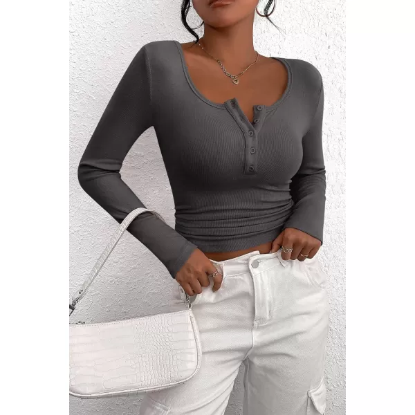 PRETTYGARDEN Womens 2024 Fall Long Sleeve Henley T Shirts Button Ribbed Knit Slim Fit Casual Basic Tops BlouseDark Grey