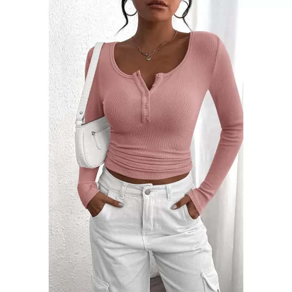 PRETTYGARDEN Womens 2024 Fall Long Sleeve Henley T Shirts Button Ribbed Knit Slim Fit Casual Basic Tops BlouseDusty Pink