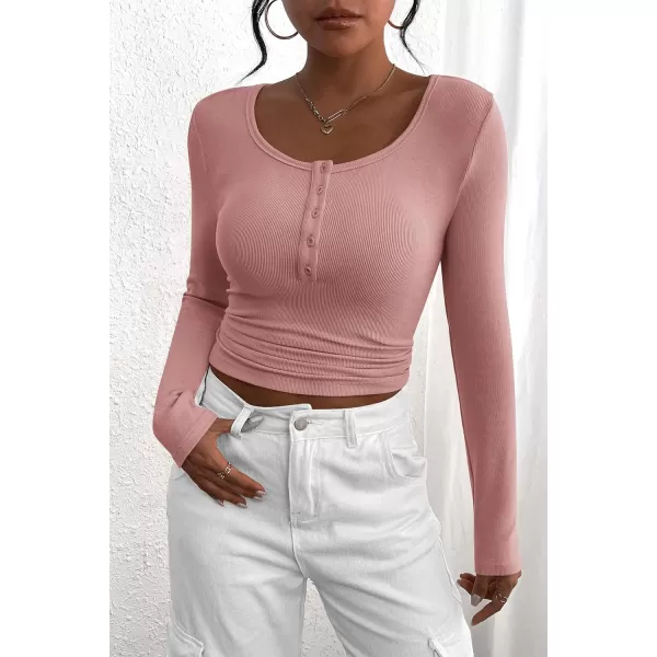 PRETTYGARDEN Womens 2024 Fall Long Sleeve Henley T Shirts Button Ribbed Knit Slim Fit Casual Basic Tops BlouseDusty Pink