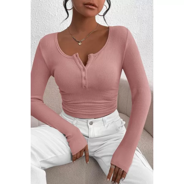 PRETTYGARDEN Womens 2024 Fall Long Sleeve Henley T Shirts Button Ribbed Knit Slim Fit Casual Basic Tops BlouseDusty Pink
